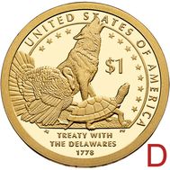  1 доллар 2013 «Договор с делаварами» США D (Сакагавея), фото 1 