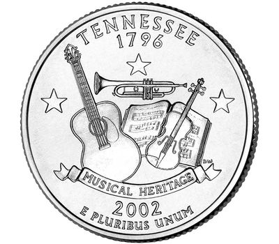  Монета 25 центов 2002 «Теннесси» (штаты США) случайный монетный двор, фото 1 