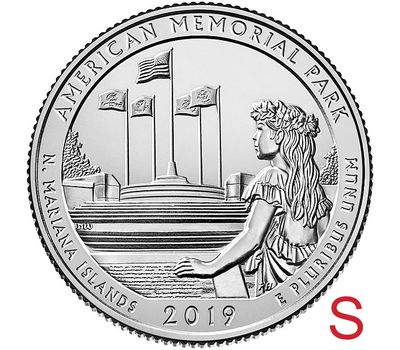  Монета 25 центов 2019 «Мемориальный парк» (47-й нац. парк США) S, фото 1 