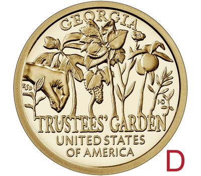  Монета 1 доллар 2019 «Сад попечителей, Джорджия» D (Американские инновации), фото 1 