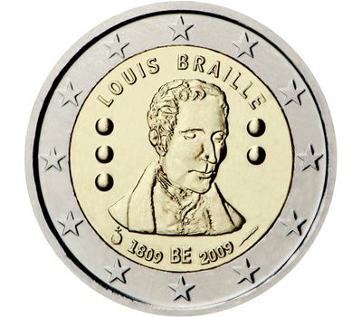  Монета 2 евро 2009 «200 лет с рождения Луи Брайля» Бельгия, фото 1 