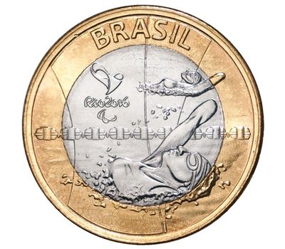  Монета 1 реал 2016 «Олимпиада в Рио-де-Жанейро. Паралимпийское плавание» Бразилия, фото 1 