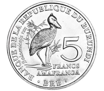  Монета 5 франков 2014 «Королевская цапля (Китоглав)» Бурунди, фото 1 