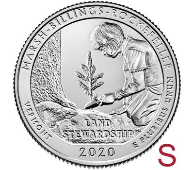  Монета 25 центов 2020 «Национальный исторический парк Рокфеллера» (54-й нац. парк США) S, фото 1 