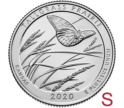  Монета 25 центов 2020 «Национальный заповедник Толлграсс-Прери» (55-й нац. парк США) S, фото 1 