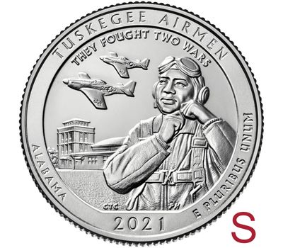  Монета 25 центов 2021 «Пилоты из Таскиги» (56-й нац. парк США) S, фото 1 
