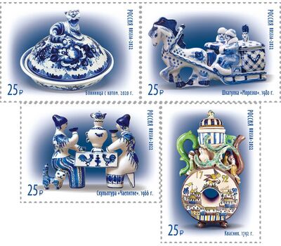  4 почтовые марки «Декоративно-прикладное искусство России. Гжель» 2022, фото 1 